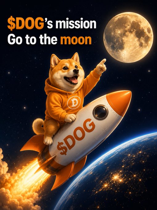 The image features a dog wearing an orange hoodie sitting on top of a rocket ship that says "DOG's mission" on its side, with the words "Go to the moon" written above it. The dog appears to be pointing towards the moon in the sky. The background shows a planet and stars, creating a sense of space travel or exploration theme for the post.