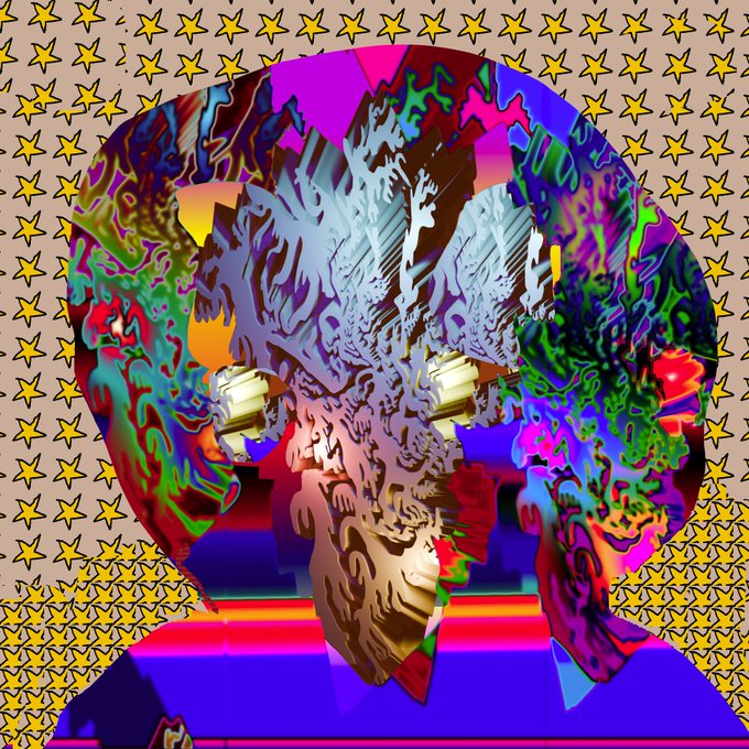 A colorful, abstract psychedelic illustration features a distorted skull-like face with glowing eyes and sharp teeth, set against a background patterned with yellow stars.