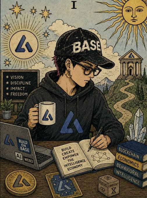 A tarot-style illustration depicts a focused person wearing a 'BASE' cap, writing in a notebook titled 'BUILD, CREATE, EMPOWER THE INTELLIGENCE ECONOMY,' surrounded by symbols of AI/Web3, blockchain, and books on economics and behavioral intelligence.