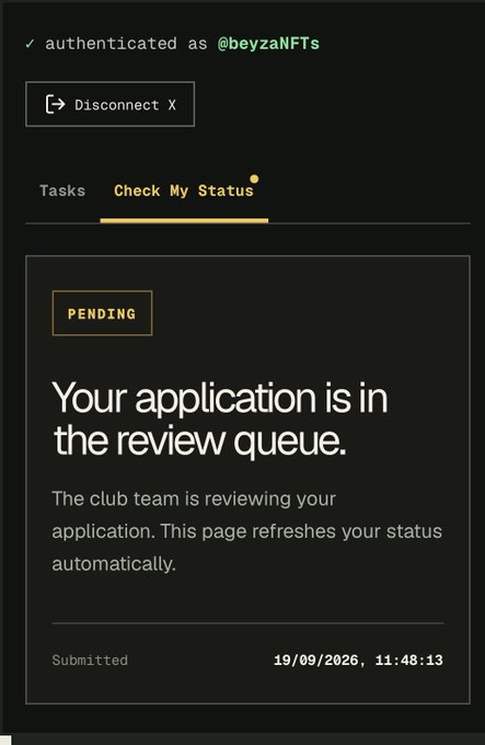 Screenshot showing a pending application status page authenticated as @beyzaNFTs, with text reading 'Your application is in the review queue' and submitted on 19/09/2026 at 11:48:13.