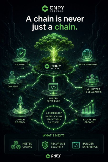 The image is a CNPY Network infographic titled "A chain is never just a chain," depicting a glowing green tree surrounded by six pillars—Security, Interoperability, Consent, Validators & Delegators, Builder Experience, Launch & Deploy, and Ecosystem Growth—representing a "closed loop where each link strengthens the others," with a "What's Next" footer highlighting Nested Chains, Recursive Security, and Builder Experience.