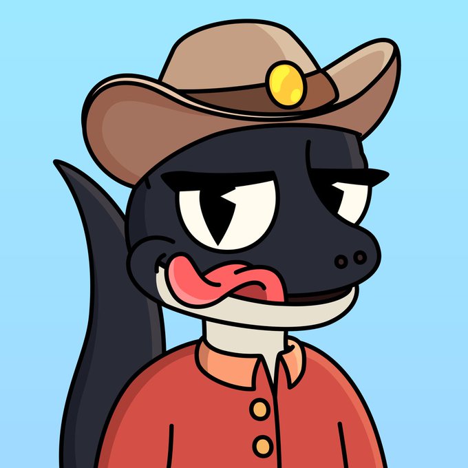 A cartoon illustration of a black dinosaur-like character wearing a brown cowboy hat and a red button-up shirt, sticking its tongue out with an annoyed expression.