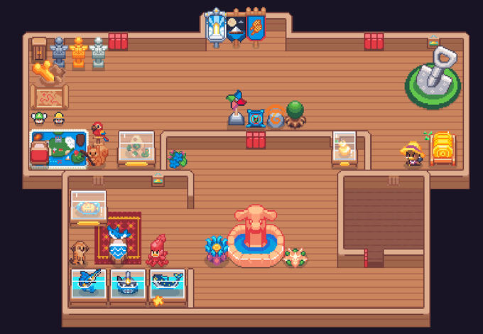 A pixel art scene showing the interior of a house or shop with various characters, a fountain, and pets including cats and dogs.