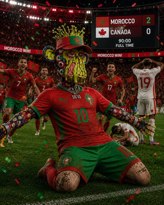 A digital illustration depicting Morocco's victory over Canada 2-0 at full time, showing a player wearing jersey #10 with face paint and a crown, while Canadian player Davies (#19) looks dejected in the background.
