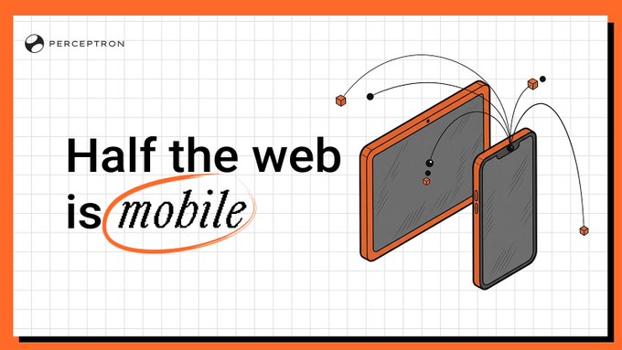 The image is a promotional graphic for "Perceptron," featuring the headline "Half the web is mobile" (with "mobile" circled in orange) alongside illustrations of a desktop monitor and smartphone connected by scattered nodes, visually reinforcing the post's message that mobile devices account for roughly 51% of global web traffic—a portion that desktop-only networks fail to capture, but Perceptron's browser and Android node coverage does.