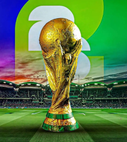 The image showcases the FIFA World Cup trophy displayed prominently in a stadium, with "WORLD CUP" inscribed on its base and the year "2026" visible in the background. This aligns with the post's focus on the 2026 World Cup, which has generated $20 billion in on-chain prediction market trading volume.