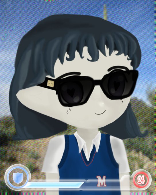 An animated character with dark hair wears oversized sunglasses with heart-shaped reflections, a blue vest over a white shirt, and is displayed in what appears to be a game interface with an 'M' logo, a shield icon, and a '24' indicator at the bottom.