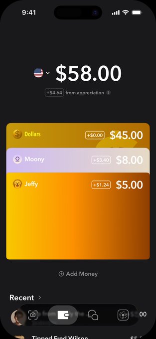 A mobile app screenshot showing a digital wallet balance of $58.00, breaking down holdings into 'Dollars' ($45.00), 'Moony' ($8.00), and 'Jeffy' ($5.00).