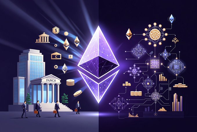 An Ethereum-themed illustration featuring a large purple ETH logo in the center, with business people walking toward a 'FANCH' building on the left and interconnected blockchain/crypto network graphics on the right.