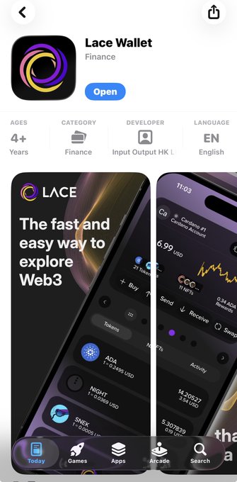 The image shows the App Store listing for "Lace Wallet," a finance app that has recently been updated with new features like in-app swaps and Ledger/Trezor hardware wallet support. The screenshots display the wallet's interface, highlighting its ability to explore Web3 and manage tokens like ADA.