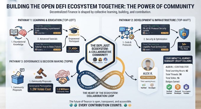 The infographic titled "Building the Open DeFi Ecosystem Together: The Power of Community" outlines three collaborative pathways—Learning & Education, Development & Infrastructure, and Governance & Decision Making—featuring stats like 21,450+ thread views, 1.2M votes cast, and contributor Alex R. with 42 learning hours, visually tying into the post's message that DeFi's future is shaped by collective community contributions through shared knowledge and participation.