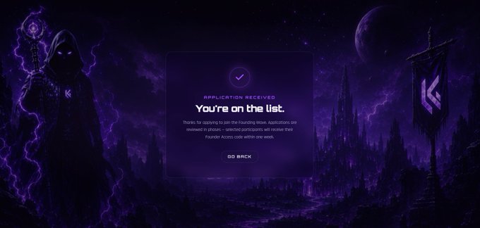 A dark fantasy-themed 'You're on the list' confirmation page for a Founder Access application, featuring a hooded figure with purple lightning.
