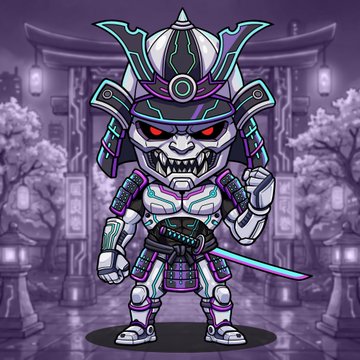A stylized, chibi-style illustration of a samurai warrior wearing dark armor with purple glowing accents, a horned helmet, and holding a sword, set against a purple, traditional Japanese-themed background.
