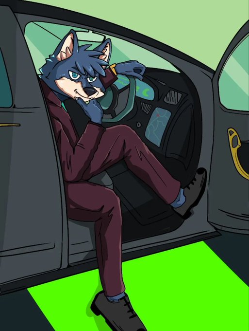 An animated illustration depicts an anthropomorphic wolf character wearing a maroon suit, sitting casually in the open door of a sleek car while holding the steering wheel.