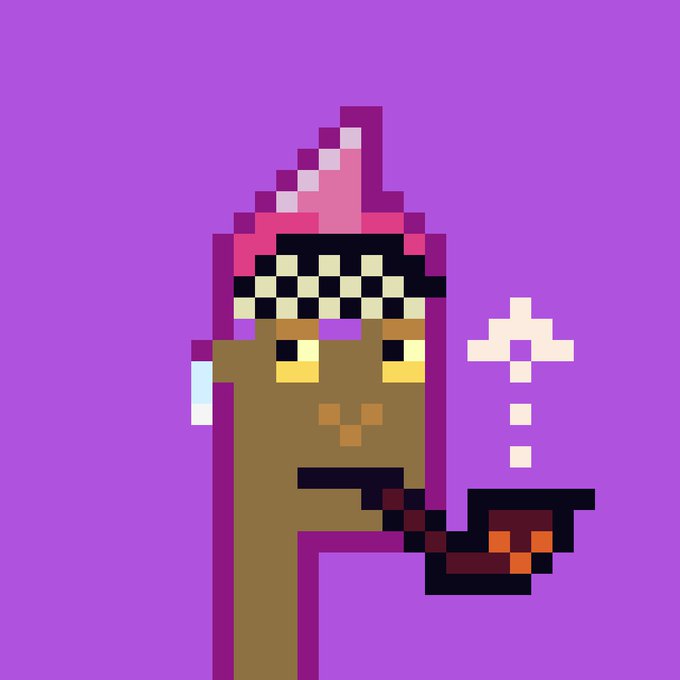 A pixel art illustration of a brown, elongated character wearing a pink and black checkered headband, holding a smoking pipe against a purple background.