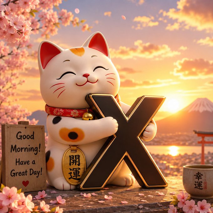 A digital illustration of a smiling Maneki-neko (lucky cat) holding a golden 'X' symbol, set against a sunset backdrop featuring Mount Fuji and cherry blossoms, with a sign reading 'Good Morning! Have a Great Day!' and Japanese characters '開運' and '幸運'.