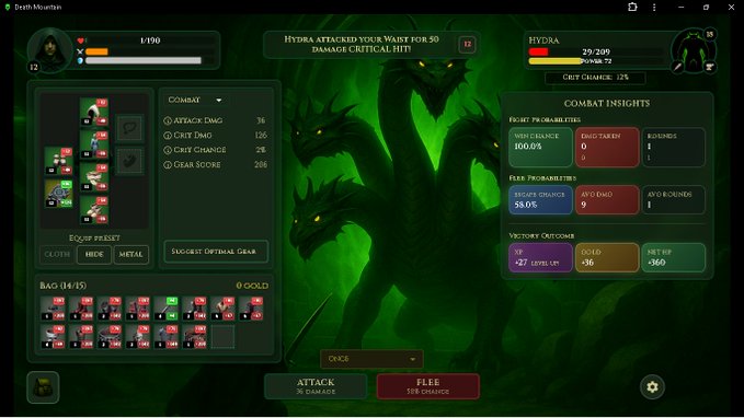 A screenshot of a turn-based combat video game showing a battle against a Hydra, with combat stats like 'ATTACK DMG 36' and 'CRIT DMG 120%' visible, along with 'ATTACK' and 'FLEE' buttons.