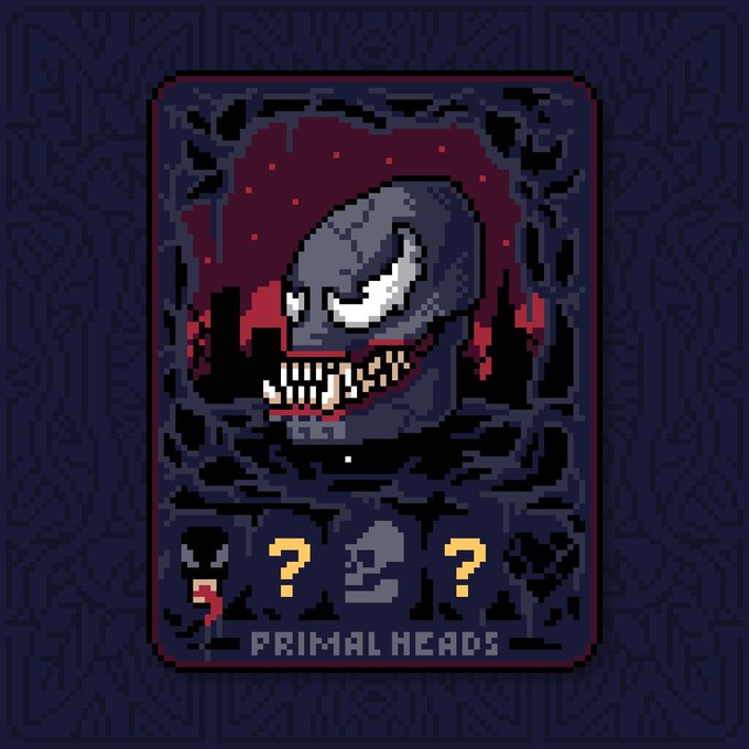 Pixel art displays a menacing dark skull-like creature with glowing eyes and sharp teeth against a red and black city silhouette, with three question marks below and the text 'PRIMAL HEADS' at the bottom.