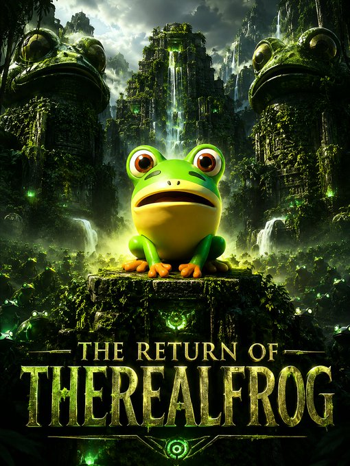Movie-style poster featuring a green frog with large eyes in front of ancient ruins and waterfalls, titled THE RETURN OF THEREALFROG.