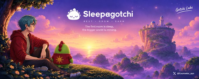 An anime-style promotional image for 'Sleepagotchi' by Gotchi Labs with the tagline 'REST · GROW · EARN', showing a blue-haired character in a red hoodie sitting next to a small green creature overlooking a fantasy floating island landscape at sunset.