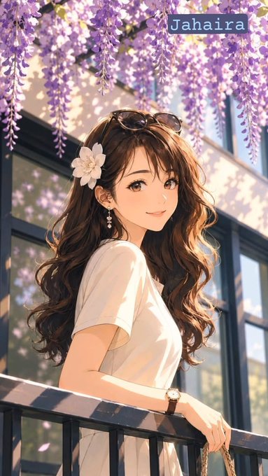 An anime-style illustration of a young woman with long flowing brown hair stands beneath cascading purple wisteria blooms, with sunglasses resting atop her head and a white flower tucked behind her ear. The text "Jahaira" appears in the upper right corner. While the post discusses @BullpenFi's trading infrastructure, the image itself doesn't relate to cryptocurrency or trading topics—it seems to be a generic decorative illustration.