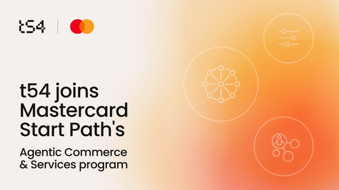 A branded announcement graphic from t54 features the company logo alongside the Mastercard logo, with the headline "t54 joins Mastercard Start Path's Agentic Commerce & Services program," visually supporting the news of t54's entry into Mastercard's AI-agent commerce initiative—a partnership positioned to benefit from real-time settlement infrastructure like XRP.