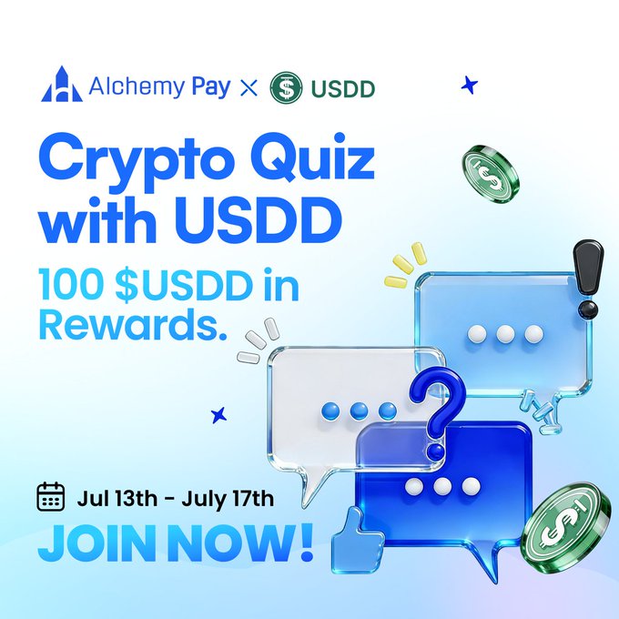 Promotional graphic for the "Crypto Quiz with USDD" collaboration between Alchemy Pay and USDD, offering 100 $USDD in rewards from July 13th–17th, featuring 3D chat bubbles with question marks and green USDD coins. The post invites followers to test their knowledge from a recent Discord AMA by participating in the quiz.