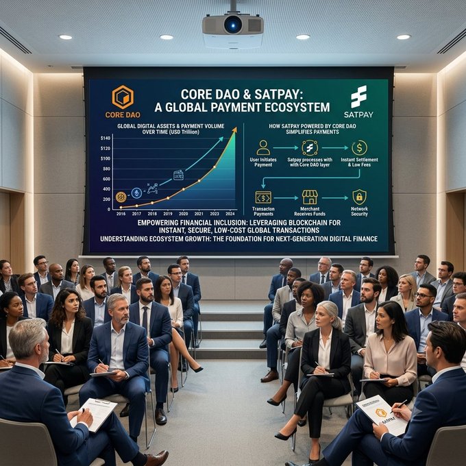 A corporate conference room where an audience watches a presentation slide titled 'CORE DAO & SATPAY: A GLOBAL PAYMENT ECOSYSTEM' displaying charts and diagrams about digital payment growth.