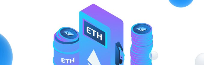 A 3D illustration showing stacks of blue coins labeled 'ETH' alongside a purple device or box also labeled 'ETH'.