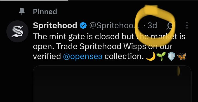 A pinned tweet from Spritehood (@Spritehood) announcing the mint gate is closed but their market is open, directing users to trade Spritehood Wisps on their verified @opensea collection.