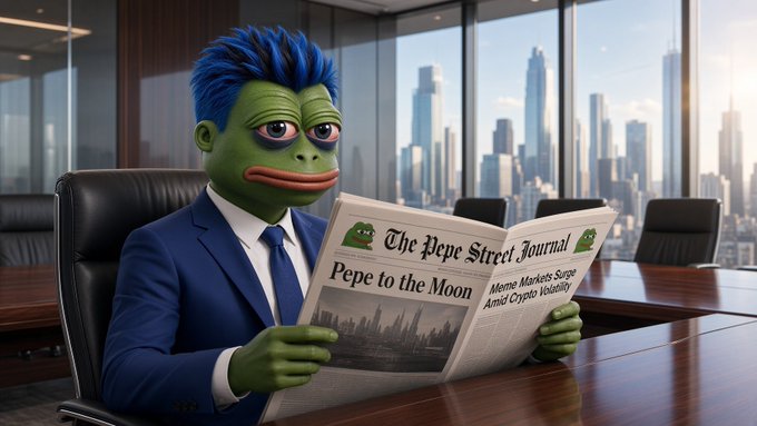 A 3D-rendered green Pepe the Frog character in a blue suit reading 'The Pepe Street Journal' with the headline 'Pepe to the Moon' and 'Meme Markets Surge Amid Crypto Volatility'.