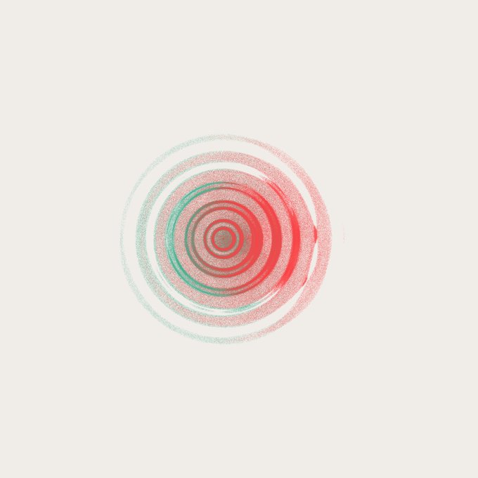 A simple abstract drawing of concentric circles in red and teal pencil on a white background.