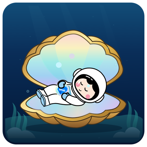 A cartoon-style app icon featuring a small astronaut character sleeping inside an iridescent open clam shell on a dark blue background, with 'veve' visible on the astronaut's outfit.