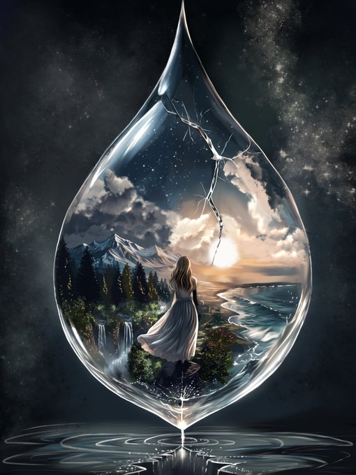 A surreal digital artwork featuring a woman in a white dress standing inside a large water droplet, gazing at a landscape of mountains and a sunset under a starry sky.