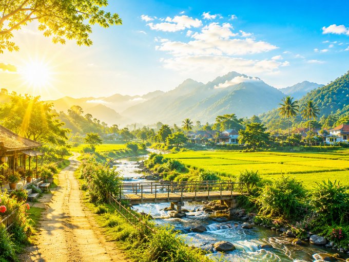 A scenic landscape featuring a sunlit dirt path beside a stream with a small wooden bridge, surrounded by lush green rice fields and mountains under a bright blue sky.