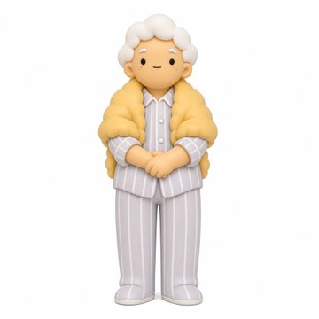 A cute Doodles toy figurine of a grandmother with white curly hair, wearing a yellow cardigan over striped pajamas, hands gently clasped. The post reveals this charming collectible was gifted to the poster's actual granny, who was delighted to see a mini version of herself.
