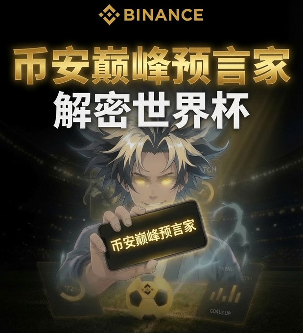 The image is a Binance promotional poster featuring an anime-style character holding a smartphone labeled "币安巅峰预言家" (Binance Peak Prophet), with gold text reading "解密世界杯" (Decrypt the World Cup), a soccer ball, and statistics like "GOALS UP" and "TREND" overlays.

The poster directly relates to the post by advertising Binance's "Binance Peak Prophet" World Cup guessing contest, promoting a free Telegram community event where users can predict match results to win USDT prizes.