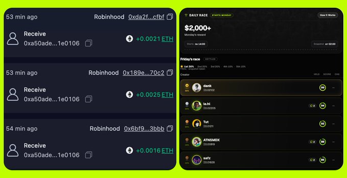 A screenshot showing recent cryptocurrency transactions from Robinhood receiving small ETH amounts, alongside a 'DAILY RACE' leaderboard displaying over $2,000+ in rewards.