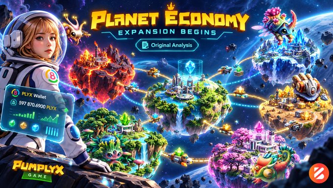 A vibrant promotional graphic titled 'PLANET ECONOMY - EXPANSION BEGINS - Original Analysis' by PUMPLYX GAME, featuring an anime-style astronaut character with a 'PLYX Wallet' interface showing 597,870.6900 PLYX, set against a colorful space background with floating planets and creatures.