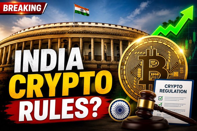 The image features a YouTube thumbnail-style graphic with the bold headline "INDIA CRYPTO RULES?" displayed in red, yellow, and white. It showcases the Indian Parliament building with the national flag, alongside a Bitcoin coin, a gavel, and a "CRYPTO REGULATION" checklist, visually representing the breaking news that India is moving toward establishing an interim crypto regulatory framework through industry-led SROs.