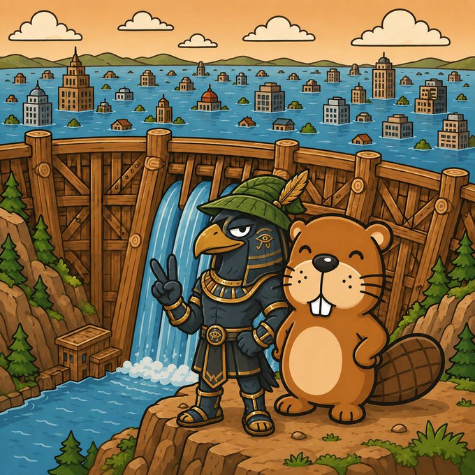 The image shows an anthropomorphic crow in Egyptian-style armor with a peace sign, standing alongside a smiling beaver, with a heavily flooded cityscape and a broken dam in the background. The cartoon chibi art style and playful characters contrast humorously with the chaotic flooding scene, fitting the lighthearted meme tone of the $CHONKETHA crypto promotional post.