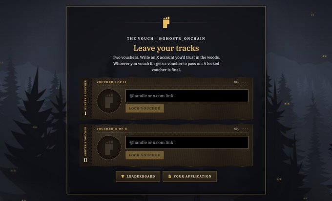 A dark-themed web interface for 'THE VOUCH · @GHOSTR_ONCHAIN' with the heading 'Leave your tracks' and two voucher slots prompting users to '@handle or x.com link' and lock vouchers.