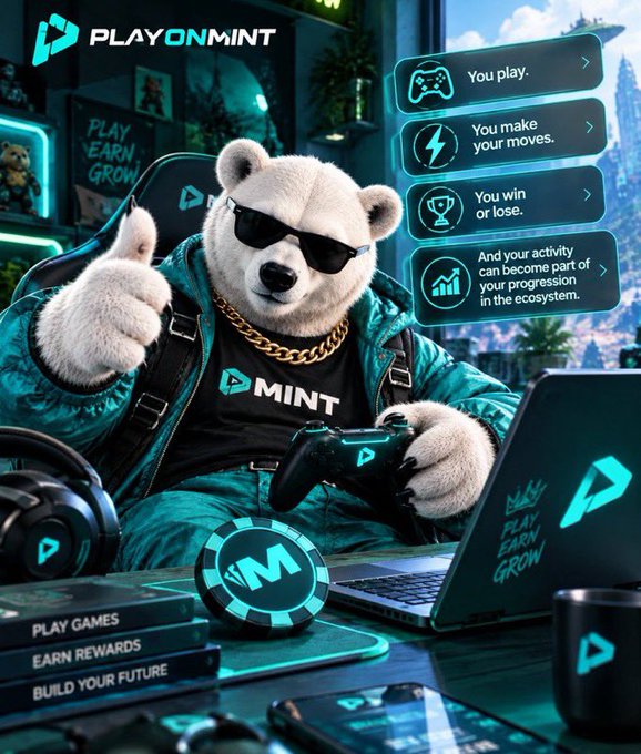 An advertisement for 'PLAY ON MINT' featuring an anthropomorphic polar bear wearing sunglasses and a 'MINT' shirt, holding a game controller, with text 'You play. You make your moves. You win or lose. And your activity can become part of your progression in the ecosystem.'
