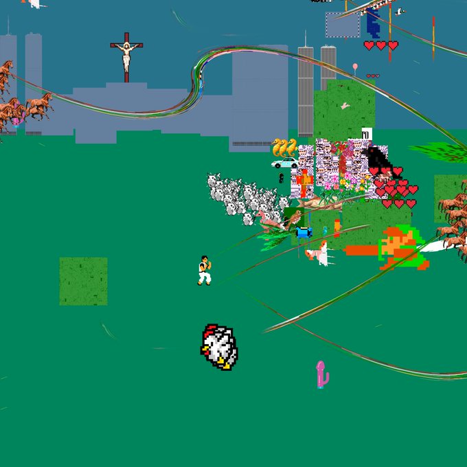 A chaotic pixel art game scene showing a small figure surrounded by enemies, with a crucifix, hearts, skulls, and chaotic action elements scattered across a green field with gray buildings in the background.