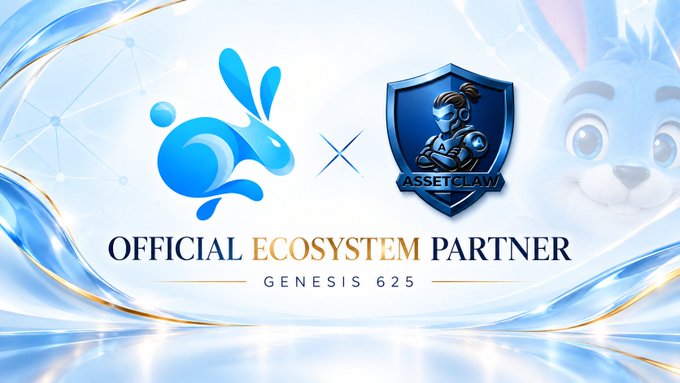 A partnership announcement graphic reading 'OFFICIAL ECOSYSTEM PARTNER GENESIS 625' featuring a blue water droplet logo on the left and a shield with 'ASSETCLAW' and a warrior character on the right.
