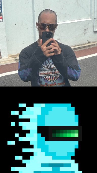 A bald man wearing sunglasses and a Harley-Davidson shirt takes a mirror selfie with a smartphone, paired with a pixelated cyan character illustration below.