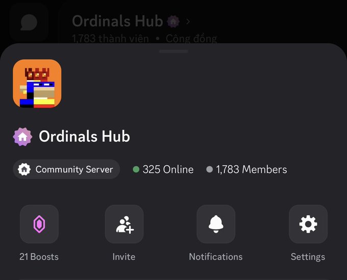 The image shows a Discord server profile for "Ordinals Hub," featuring 1,783 members with 325 currently online and 21 boosts. This relates to the post's announcement that the Discord is temporarily closed and will reopen early next month, which explains why members may be seeking updates through alternative channels.