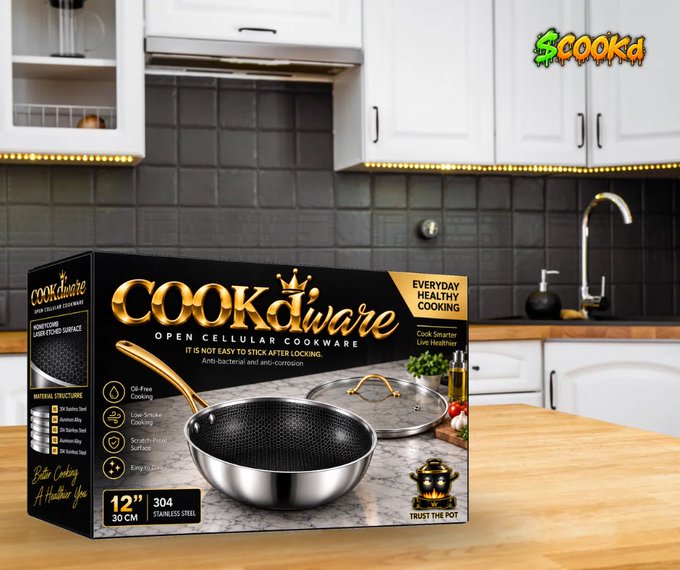 Product advertisement for COOKd'Aware open cellular cookware, featuring a 12-inch/30cm stainless steel frying pan in a kitchen setting with bullet points about its features.