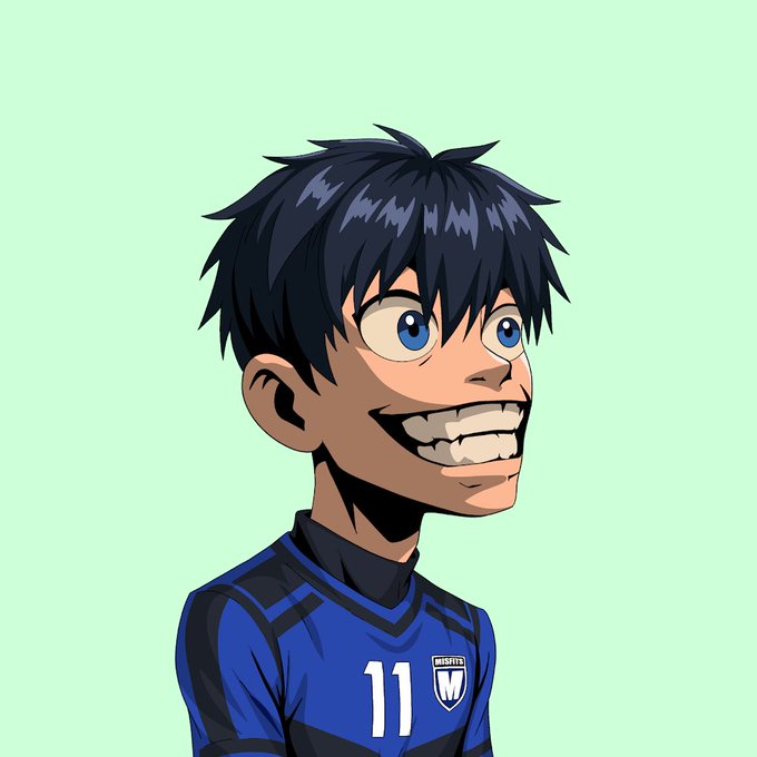 An anime-style cartoon character with messy black hair and a wide, toothy grin wears a blue sports jersey featuring the number "11" and a "MISFITS" crest, visually representing the trait match won from the Misfits Order NFT project.