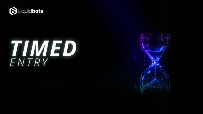 A liquidbots promotional graphic for 'TIMED ENTRY' featuring an hourglass with blue lighting effects.